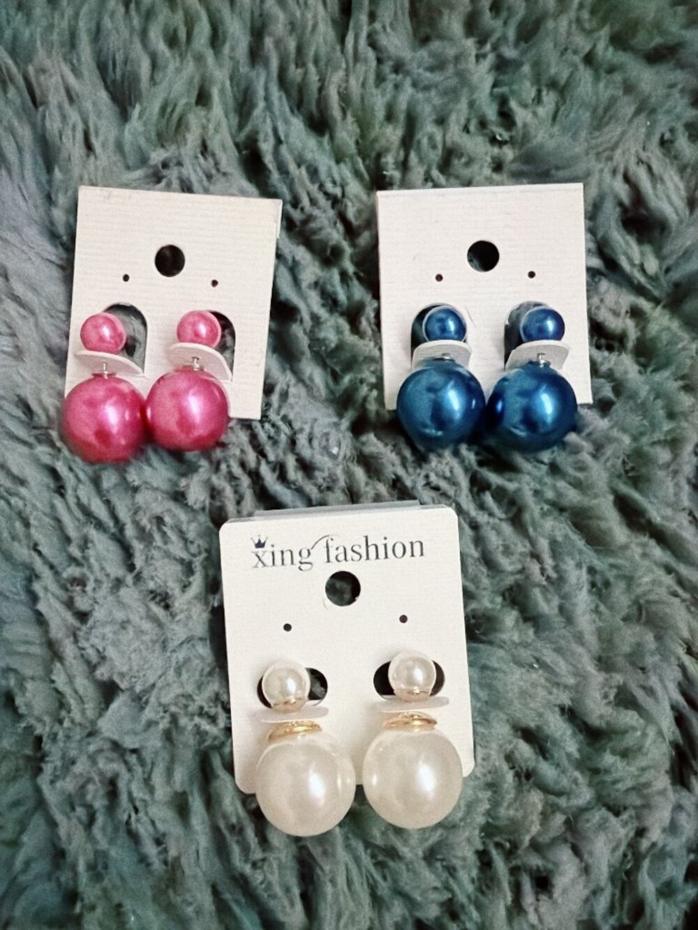 Lot of 3 Double Sided Pearl Stud Earrings Metallic Pink Blue Pearlized White